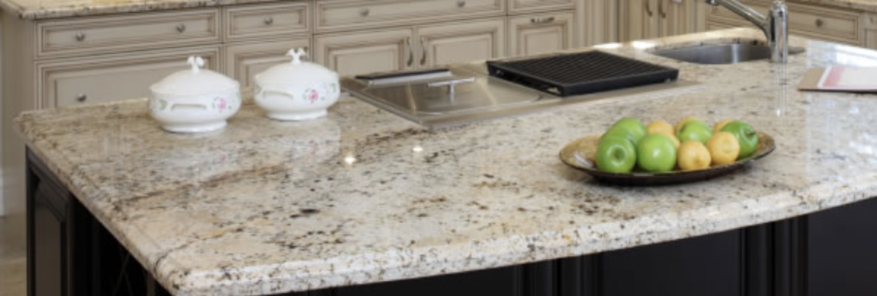 Quartz-composite countertop with smooth, shiny finish